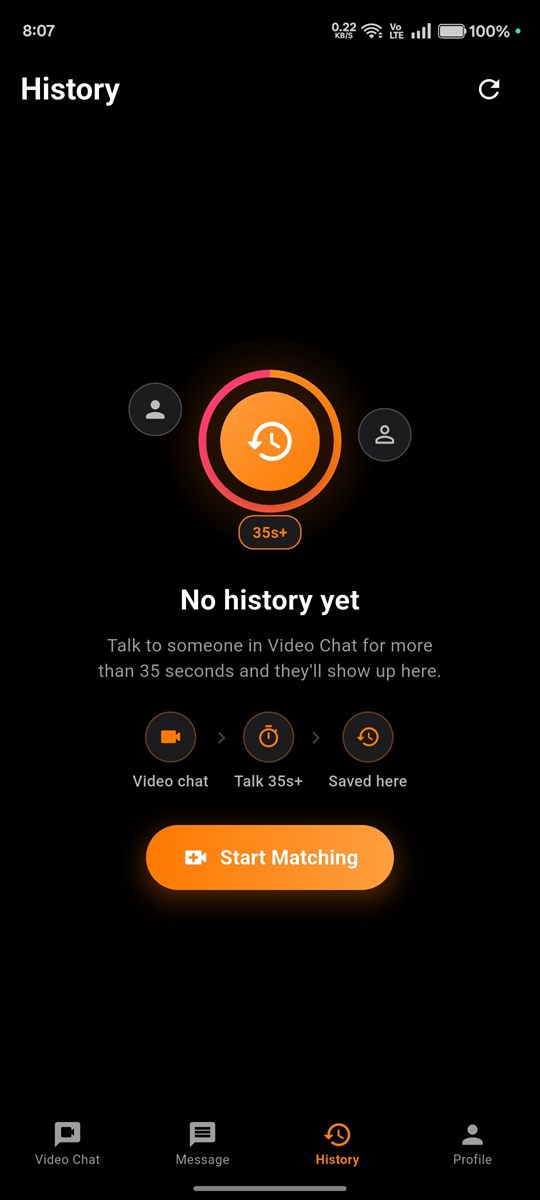 History screen of the MeAndYou app: people you talked to for more than 5 seconds are saved here